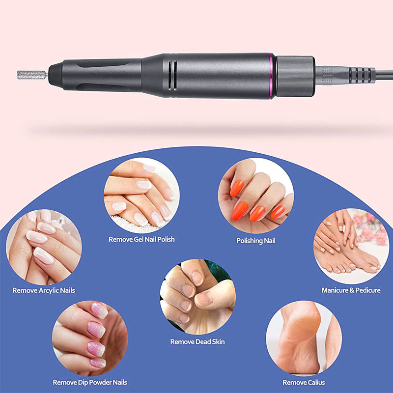 Top angle of nail drill kit showing sanding bands and polishing cup
