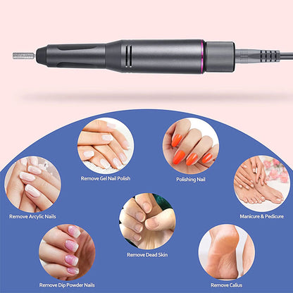 Top angle of nail drill kit showing sanding bands and polishing cup