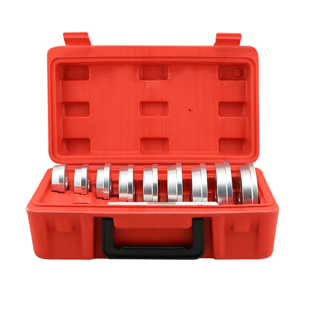 Compact carry case holding bearing race and seal tool set