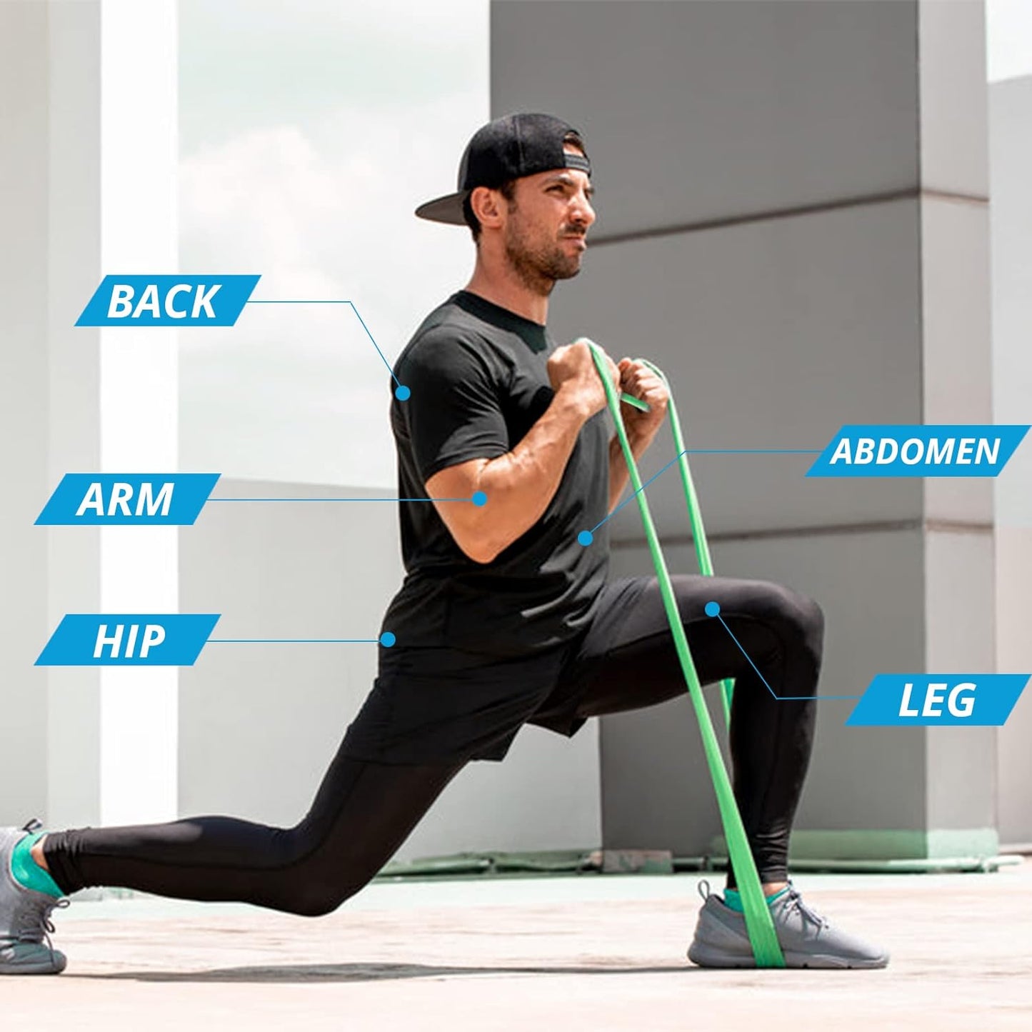 Resistance bands set stretched to show elasticity