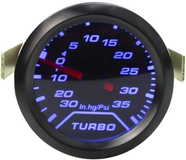 Blue LED light glowing on turbo boost gauge 52mm at night