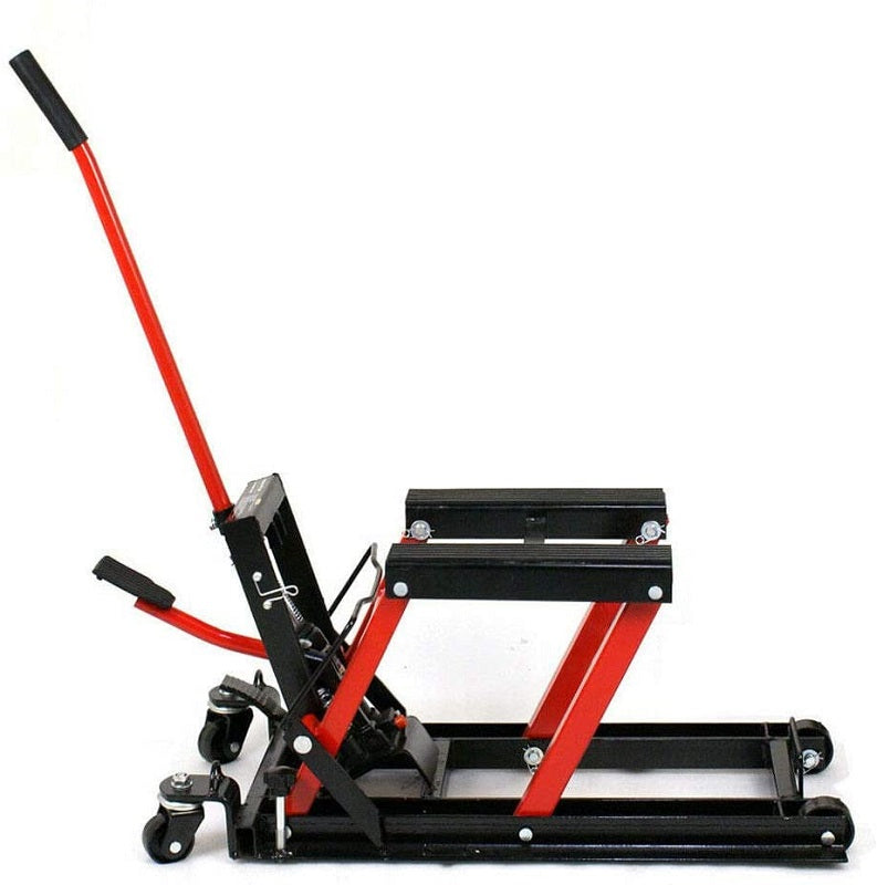 Front angle showing sturdy wheels and guide rod for manoeuvring