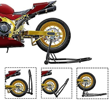 Motorcycle lift stand showing four wheels for easy movement
