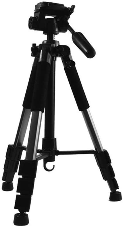 Top view of black aluminium camera tripod with phone holder attached