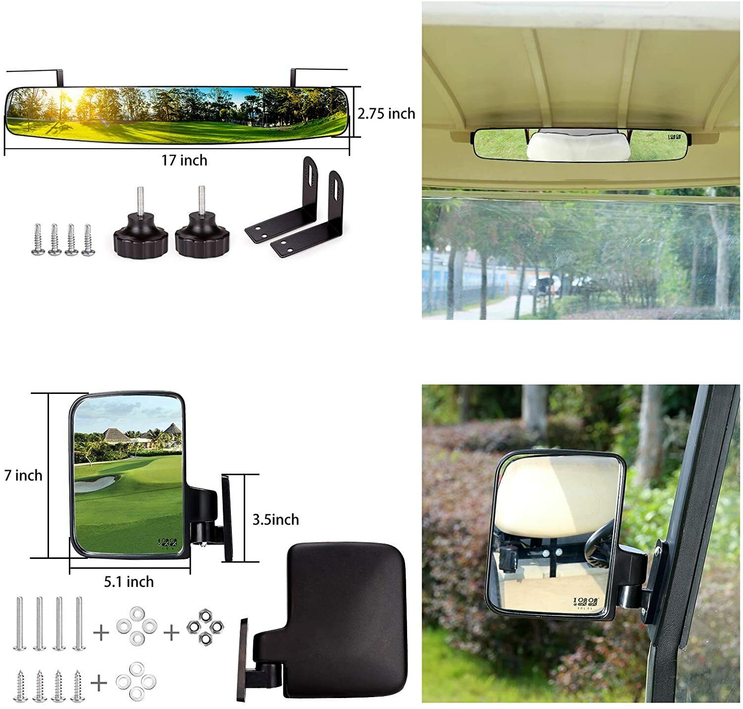 Golf cart mirror set installed on roof supports of a cart