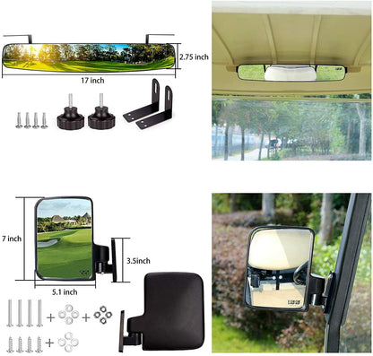 Golf cart mirror set installed on roof supports of a cart