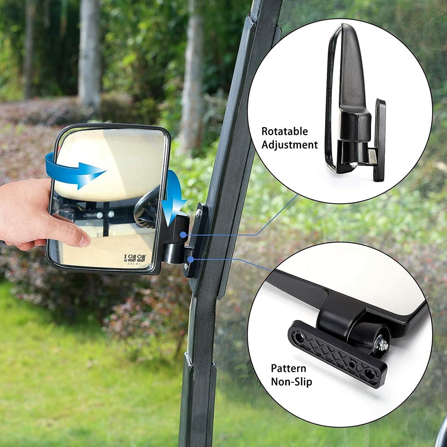 Side view of golf cart mirror showing 270 degree rotation