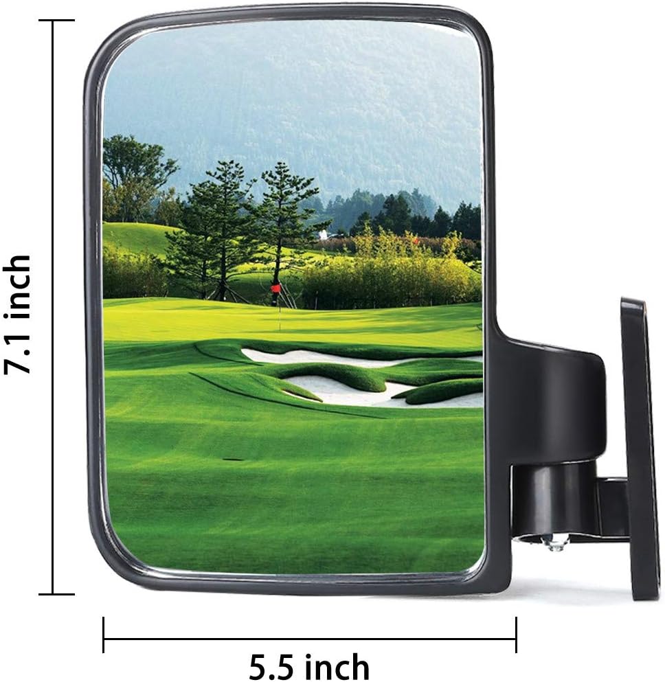 Side angle of golf cart mirror mounted on Yamaha cart