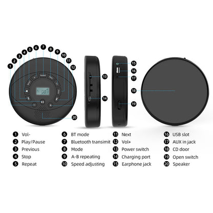 Top view of portable CD player with open disc tray