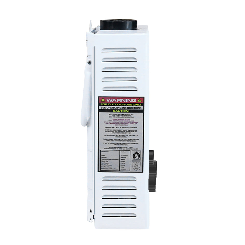 Gas water warmer 8L showing battery compartment and spanner included