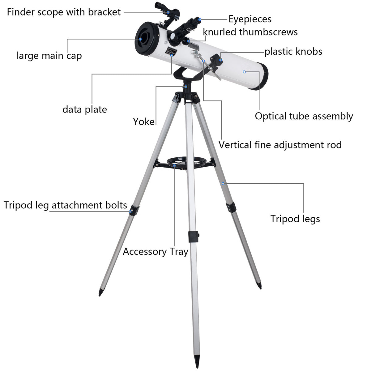 Lightweight aluminium tripod supporting 700mm astronomical telescope