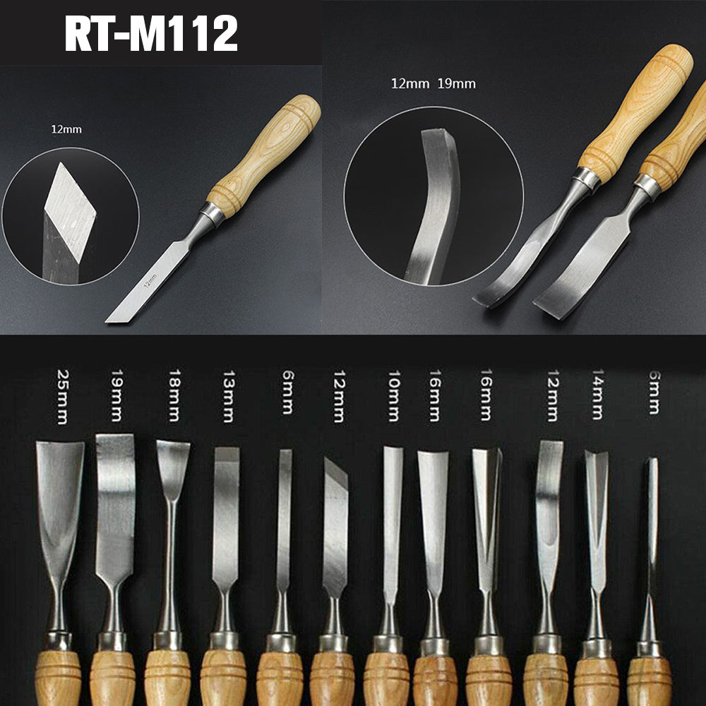 Wood carving tools set wooden storage case open with tools inside
