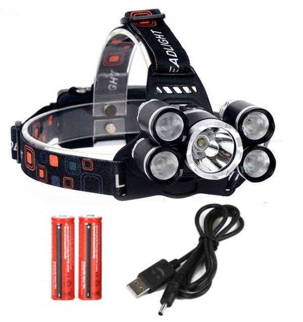 Close-up of LED outdoor headlamp USB charging port and cable