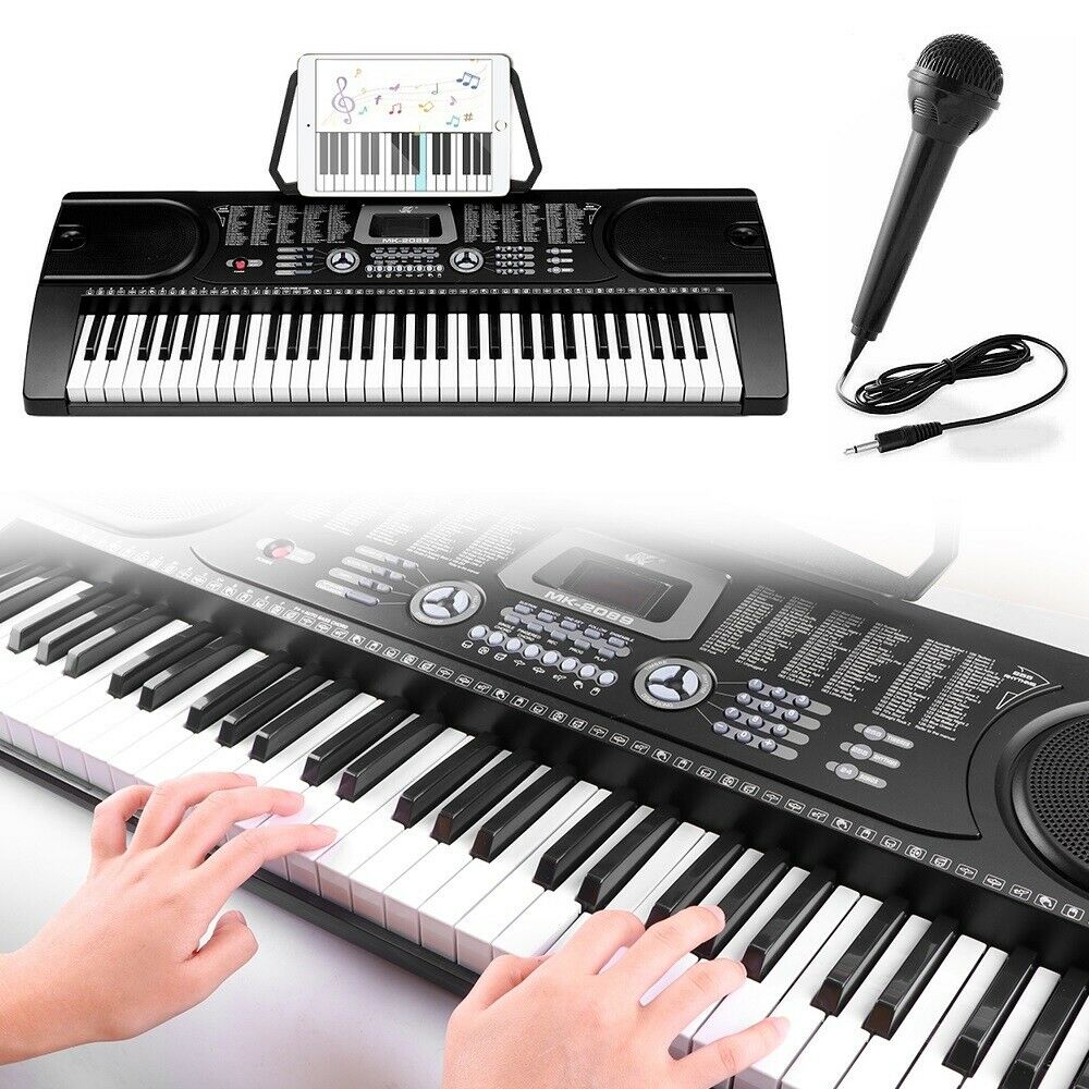 Close up of microphone attached to electronic keyboard piano
