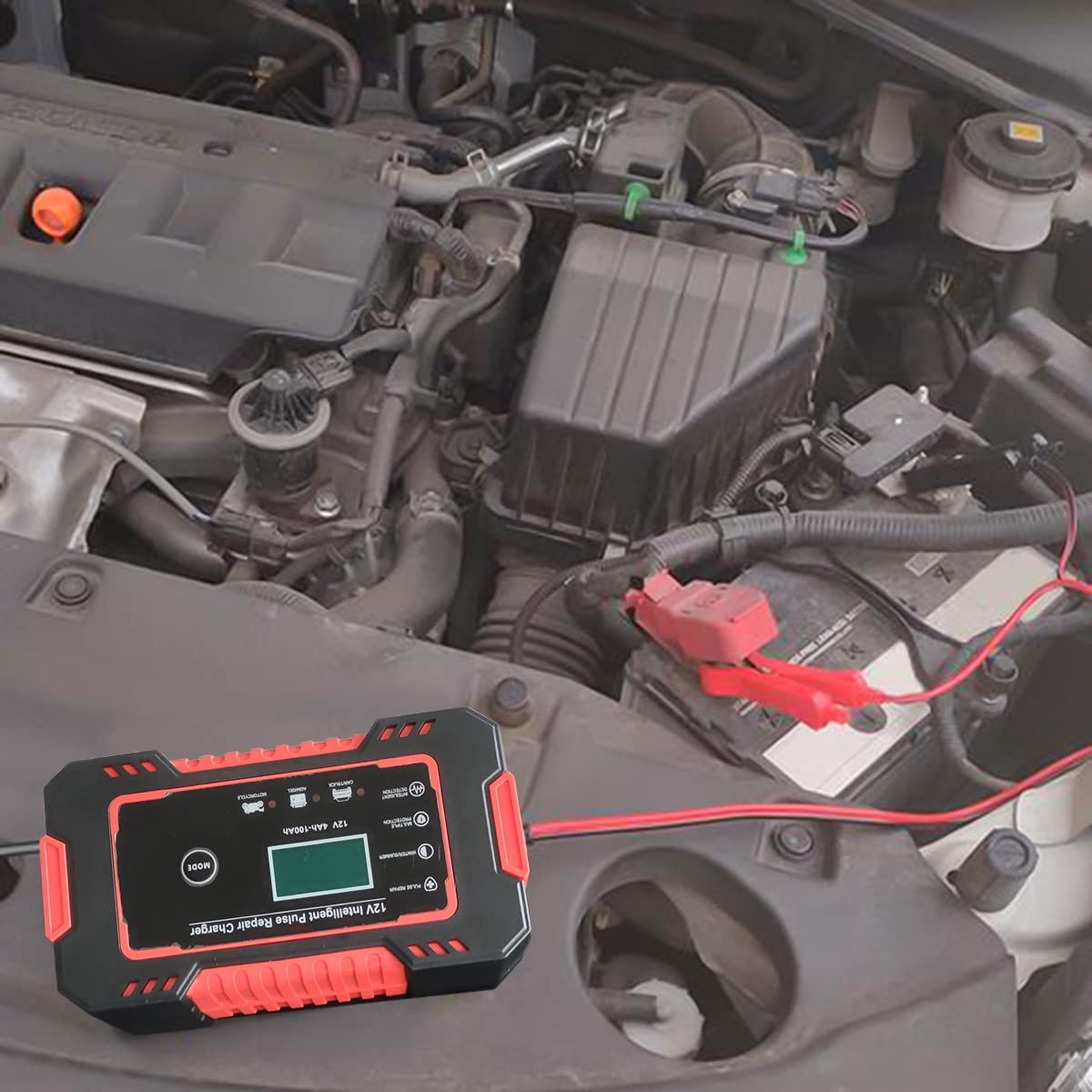 Car battery charger connected to a 12V lead-acid battery