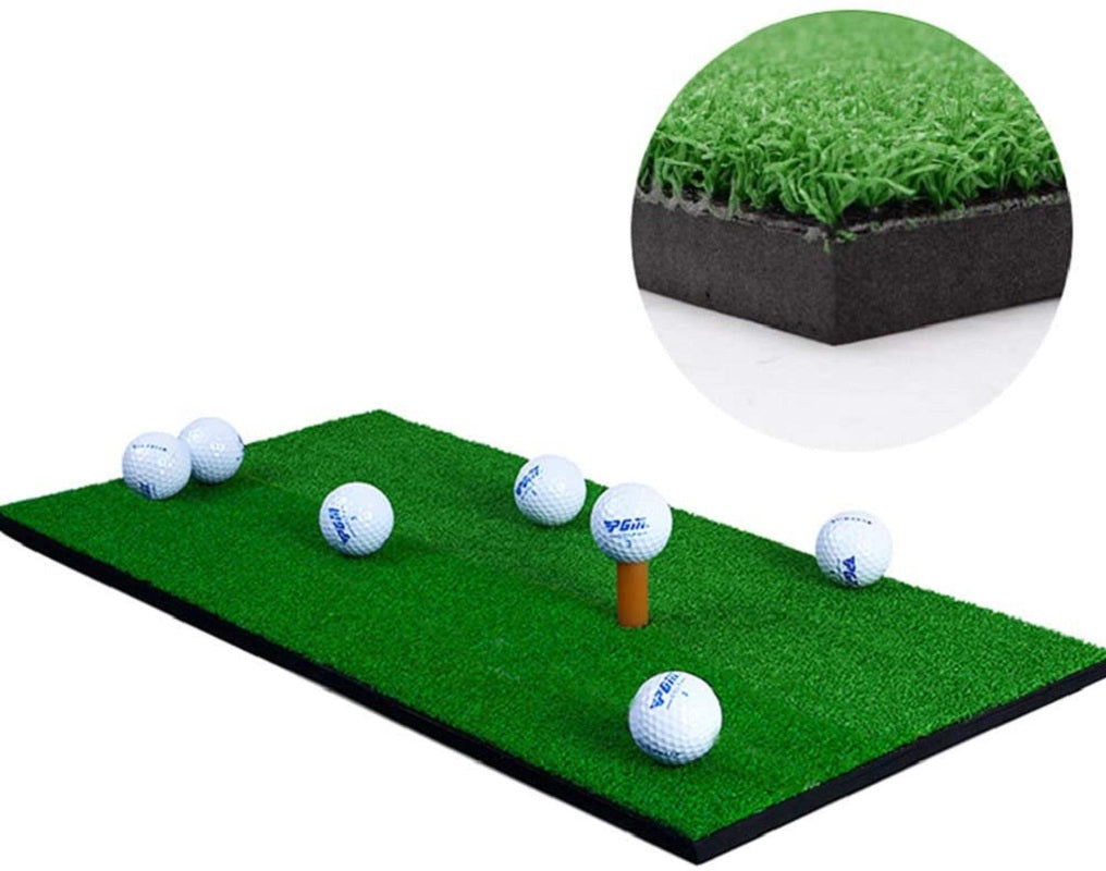 Golf practice mat with two tees on green turf