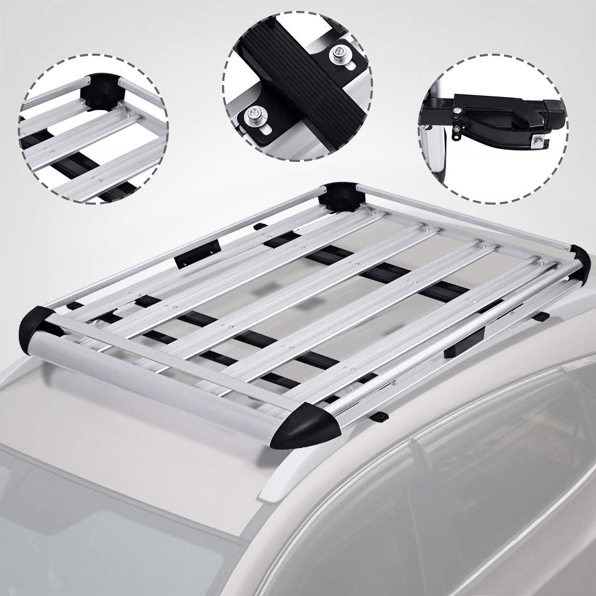 Roof rack basket universal mounted on car roof with luggage loaded
