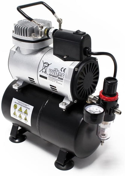 Front angle of air brush compressor highlighting air filter feature