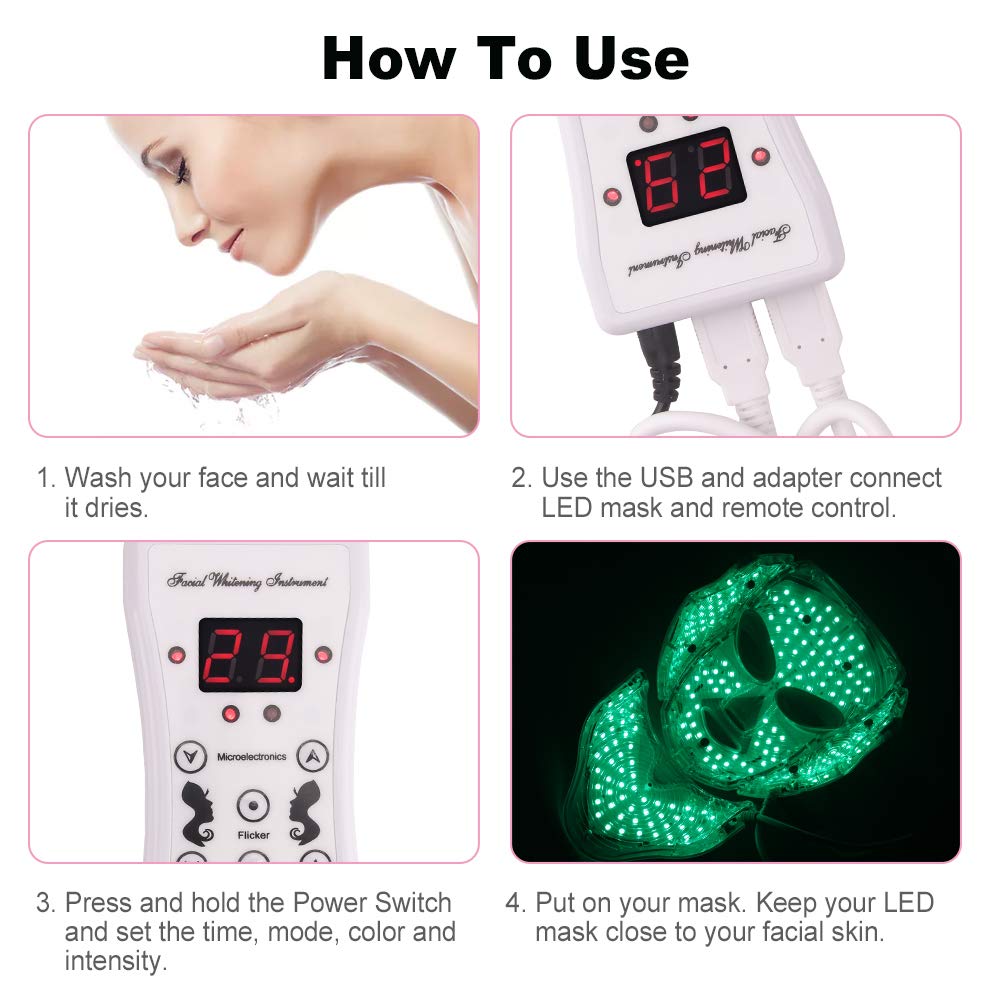 Front view of LED light therapy face mask with lights on