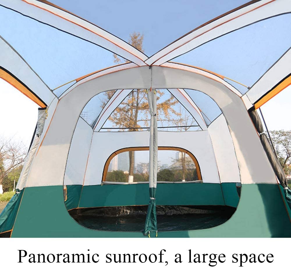 Camping tent 8 person set up on grass for outdoor activities