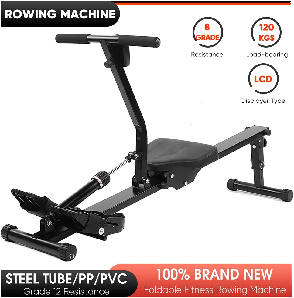 Rowing machine fitness machine full length view on wooden floor