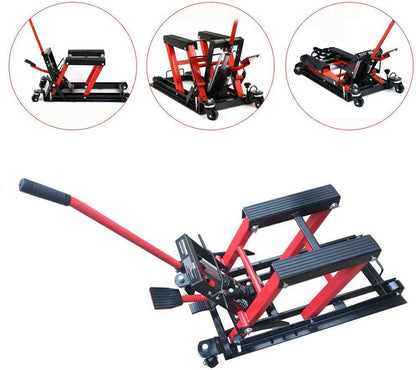 Top view of motorcycle lifter jack with grid rails for hydraulic relief