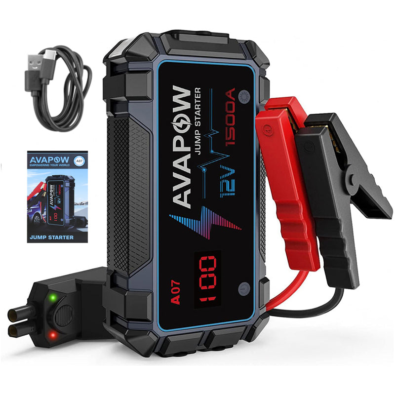 Close-up of smart jumper cables attached to car jump starter