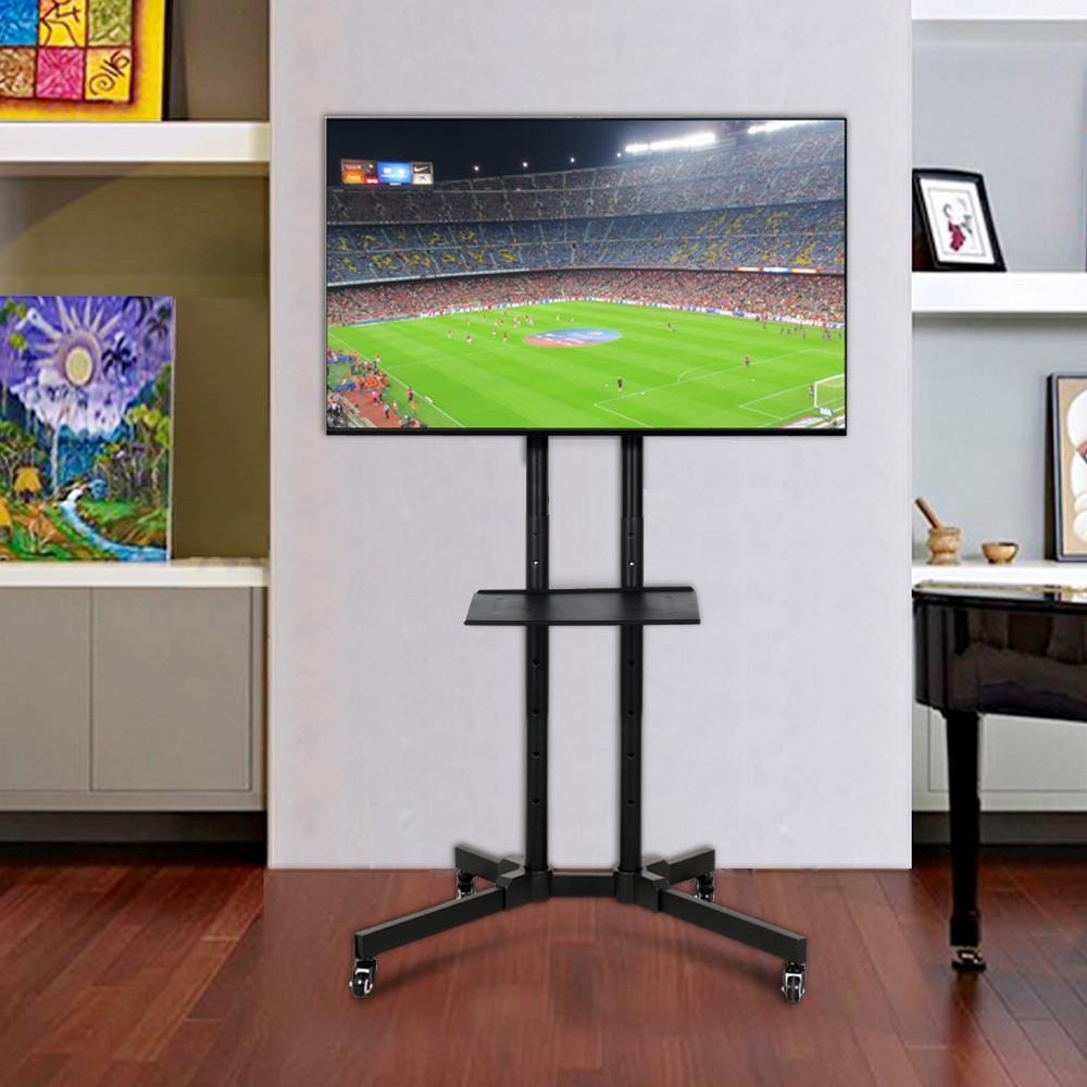 Side view of TV stand TV bracket with lockable castor wheels