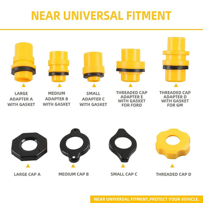 Top view of coolant filling funnel kit showing threaded cap adapters
