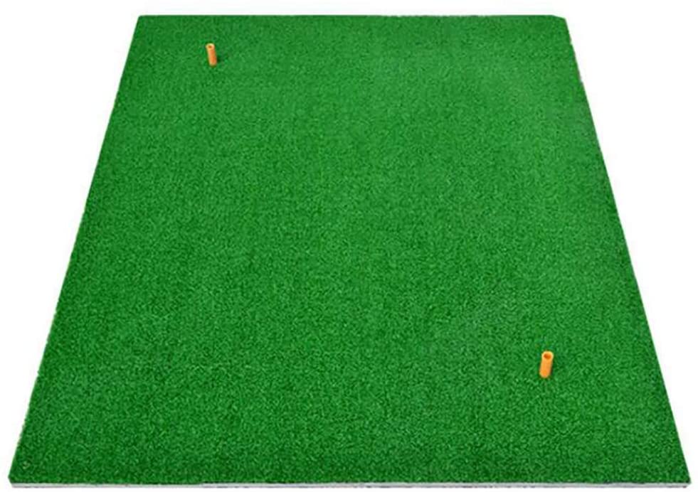 Top view of golf practice mat with nylon net and tees