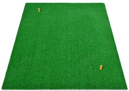 Top view of golf practice mat with nylon net and tees