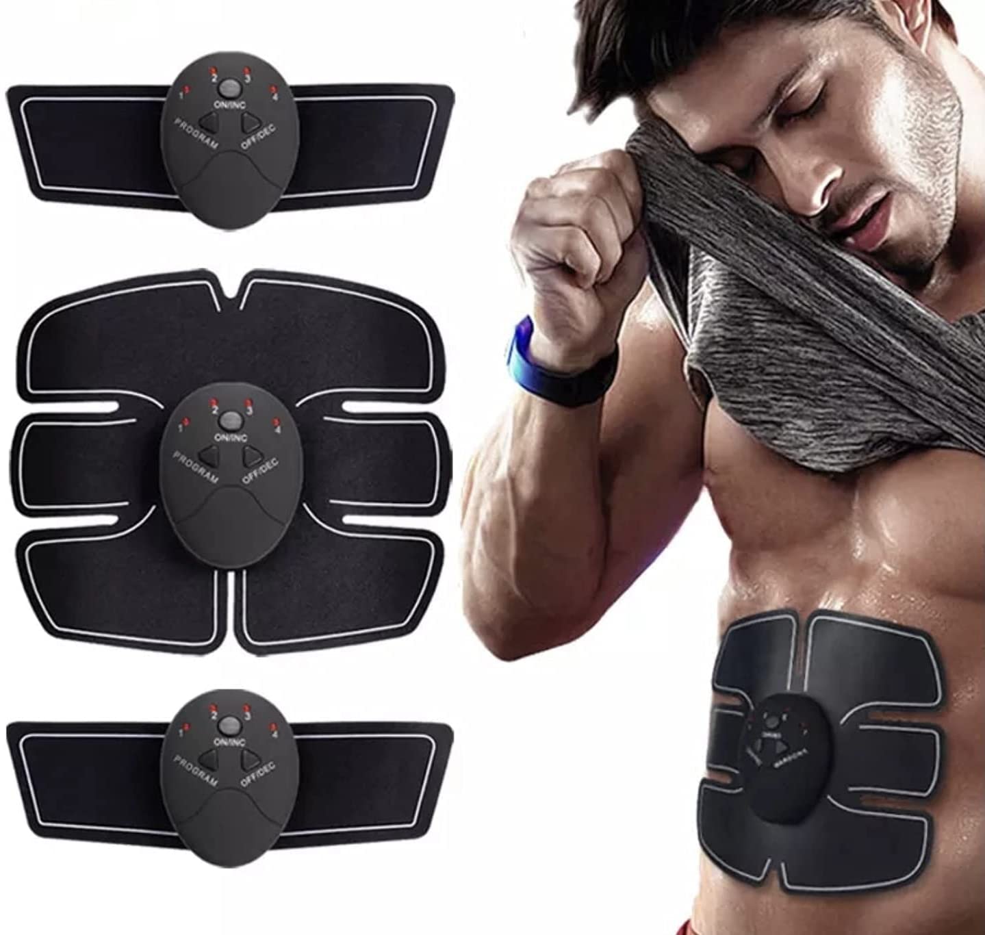 Close up of EMS muscle trainer control panel with buttons