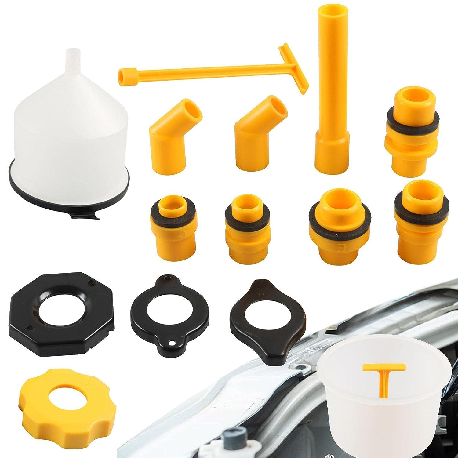 Coolant filling funnel kit with gasket adapters for Ford and GM radiators