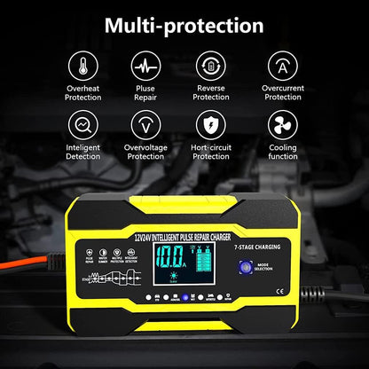 Top view of car battery charger showing control buttons