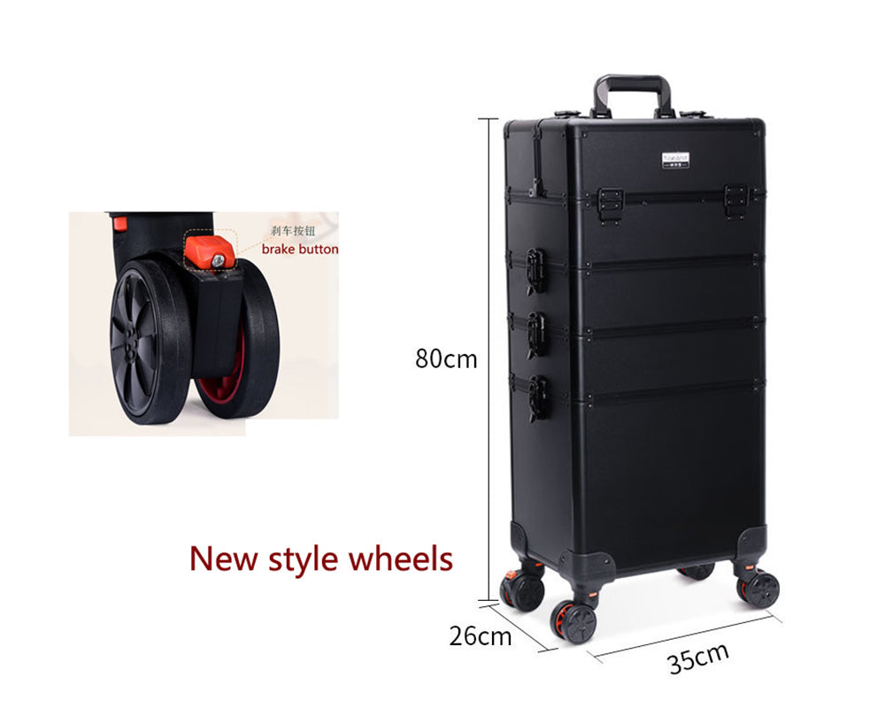 Open makeup travel case trolley showing four accordion trays