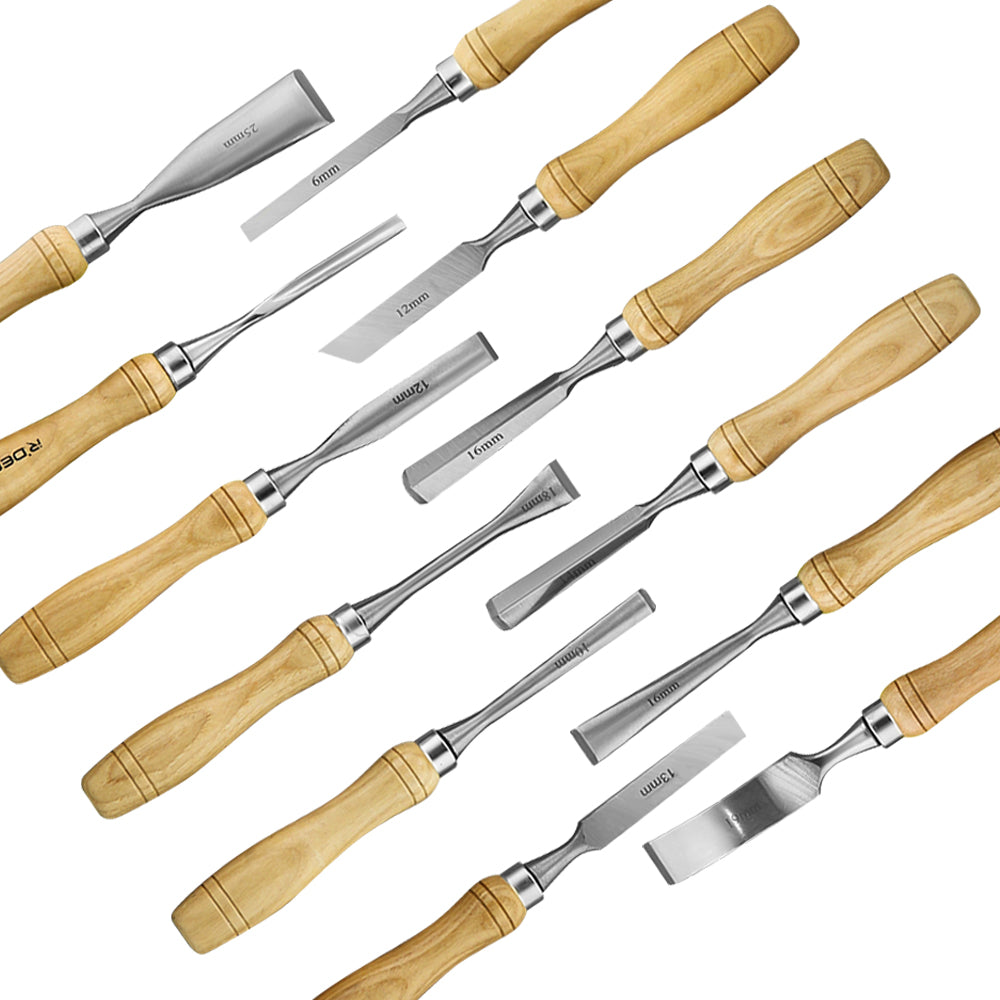 Wood carving tools set showing straight gouges and chisels