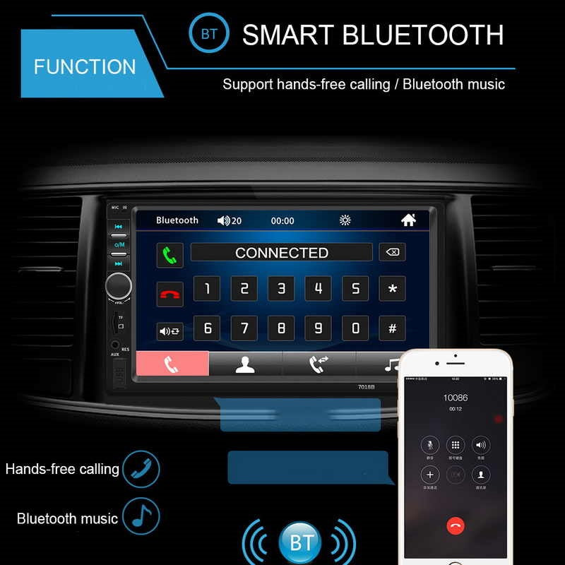 Car stereo Bluetooth MP5 player displaying radio frequency on screen