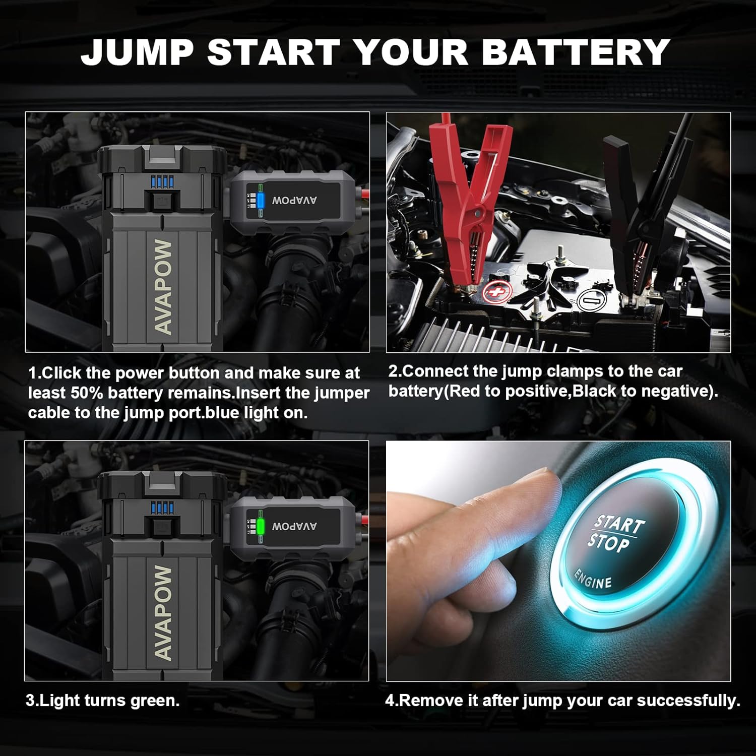 Portable car jump starter in rugged water-resistant casing