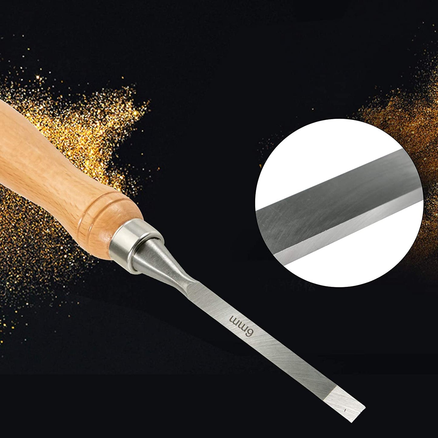 Wood carving tools set skew chisel and curved gouge displayed
