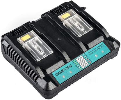 Makita battery charger plugged in and charging two batteries