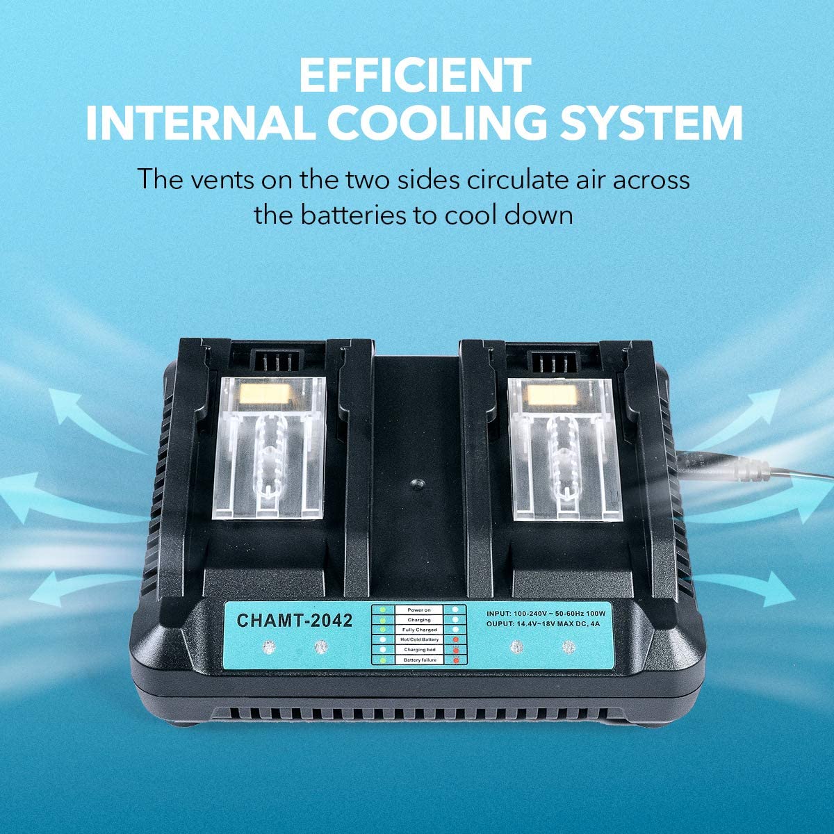 Makita charger showing compatibility with 144V and 18V batteries