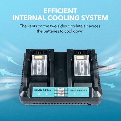 Makita charger showing compatibility with 144V and 18V batteries