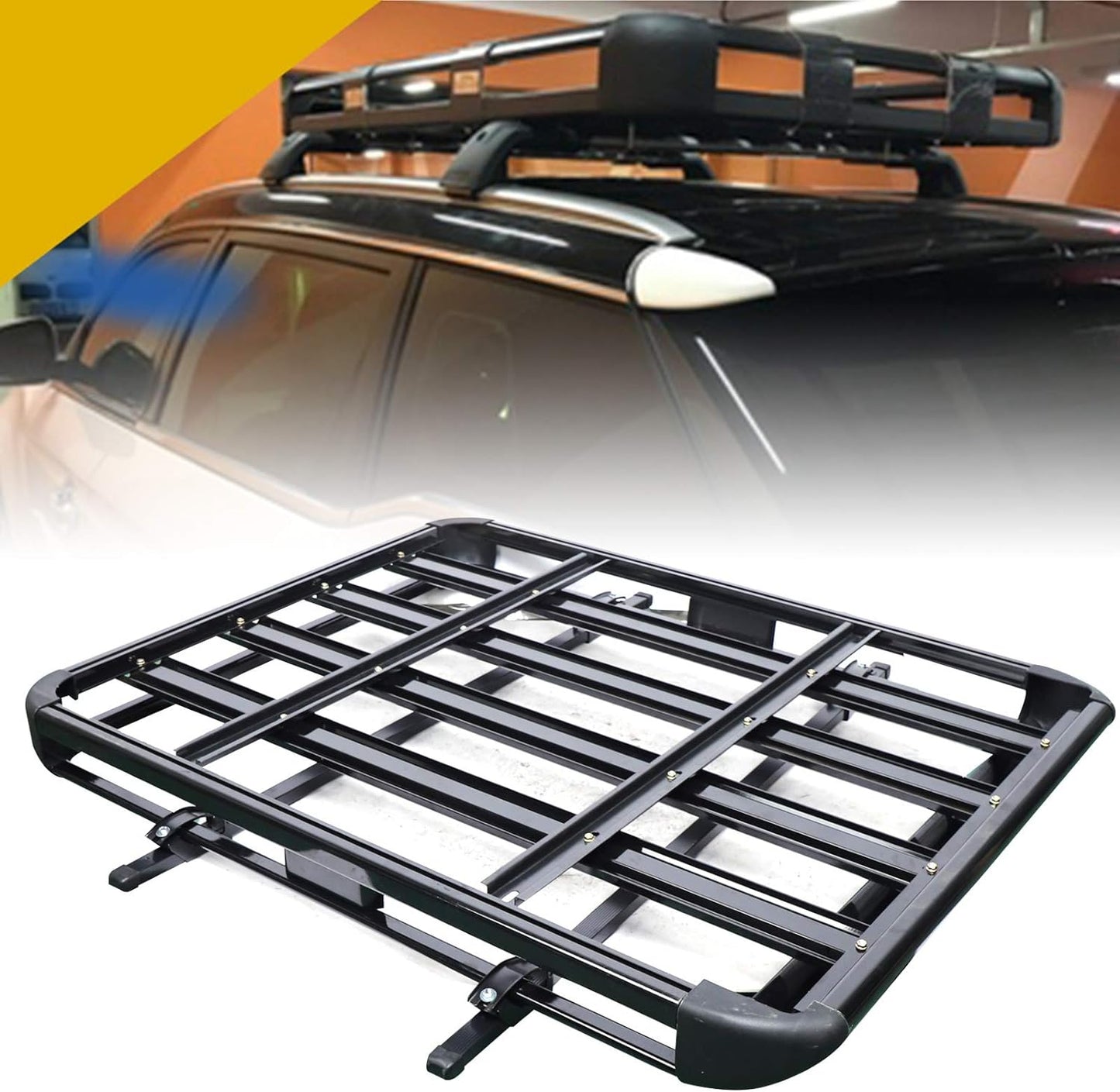 Universal roof rack basket demonstrating easy assembly with instructions