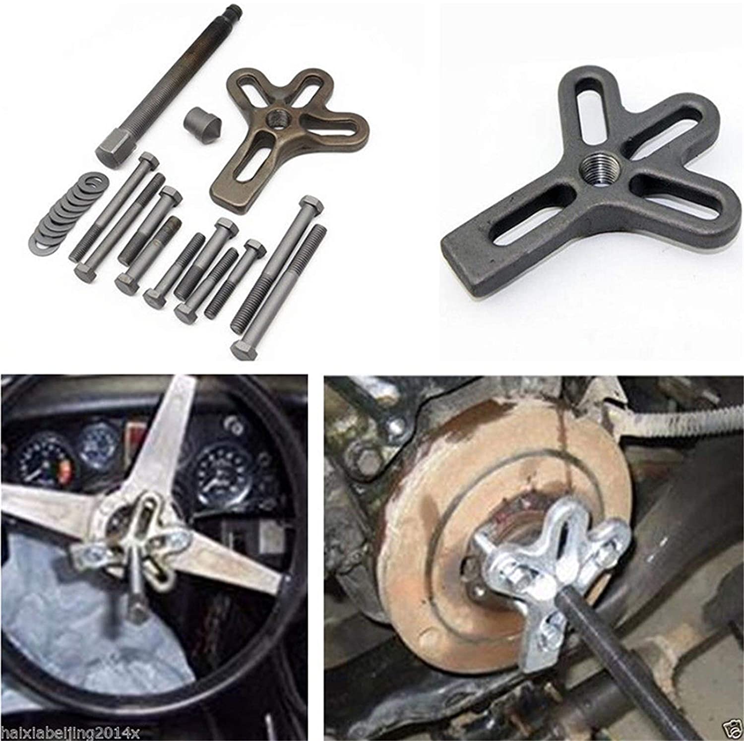 Steering wheel puller set laid out with all 13 pieces
