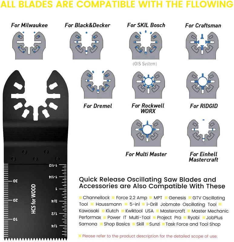 Multi tool saw blades laid out with sanding pads included