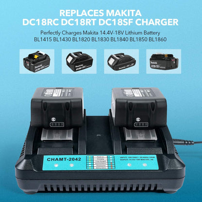 Makita dual port charger with batteries inserted and charging