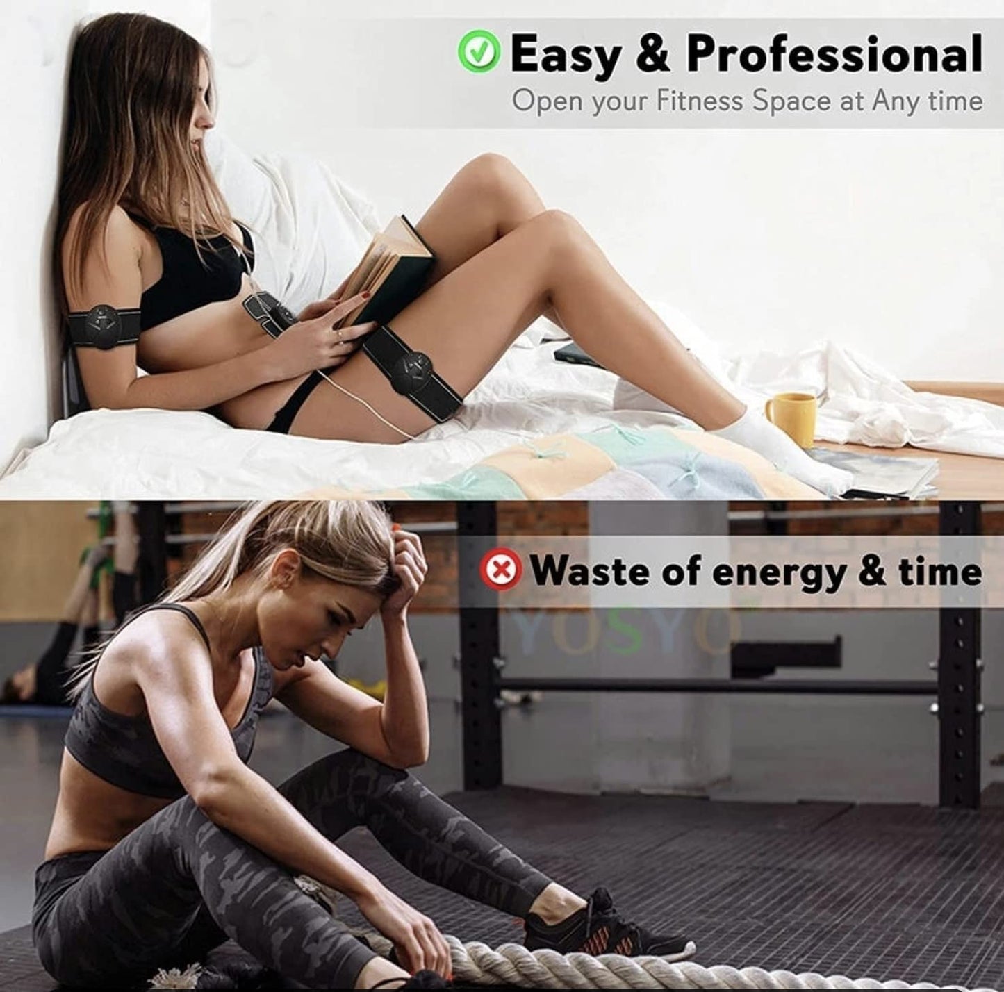 EMS muscle trainer in use on leg muscle area