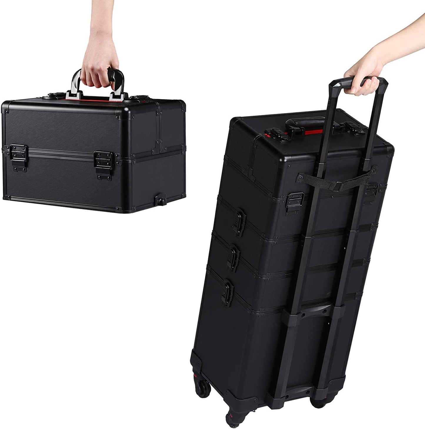 Interior foam-lined tray with dividers in makeup travel case trolley