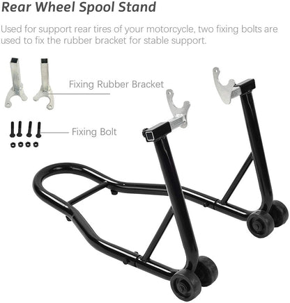 Side angle of motorbike stand with fork front stand