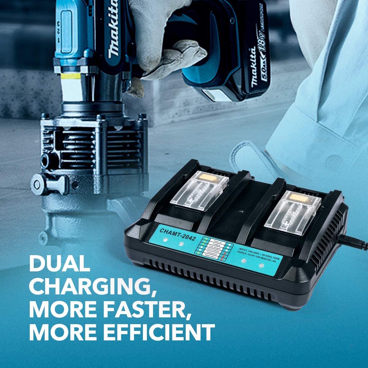 Top view of Makita dual port battery charger with Makita batteries